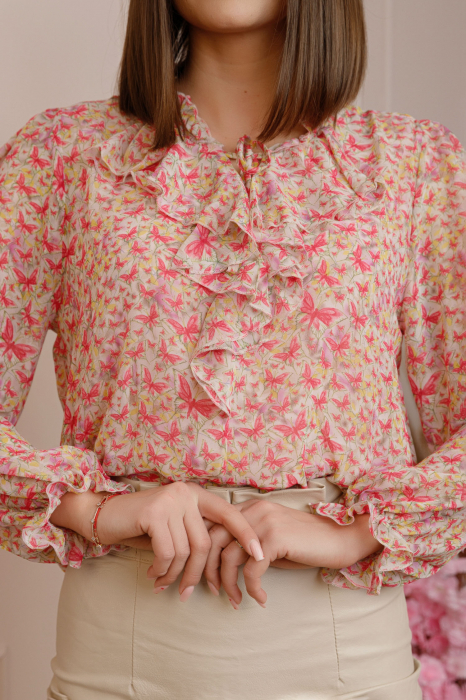 Bluza eleganta Genevieve cu volanase si imprimeu floral corai [2]