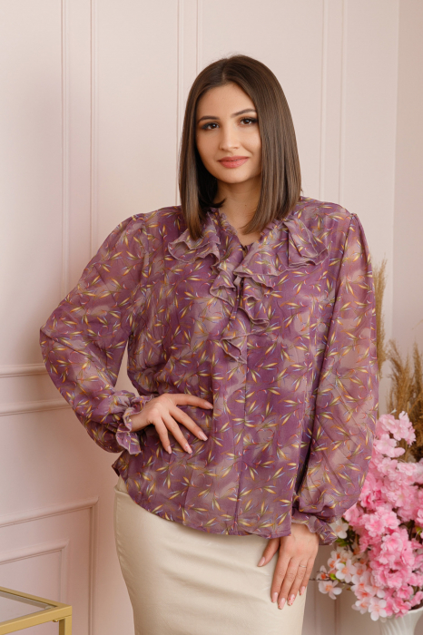 Bluza eleganta Genevieve cu volanase si imprimeu floral mov [5]