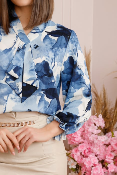 Bluza eleganta Giuliana cu maneci bufante si imprimeu abstract albastru [2]