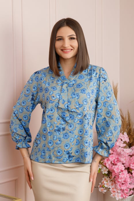 Bluza eleganta Giuliana cu maneci bufante si imprimeu floral albastru [5]