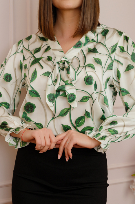 Bluza eleganta Jessica cu maneci bufante si decolteu cu funda - Verde smarald [2]