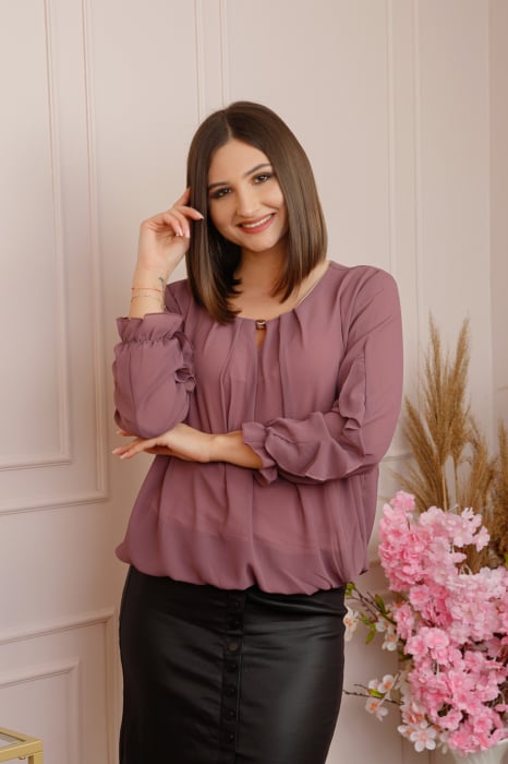 Bluza eleganta Julienne cu volanase si nasture stilizat - Mov