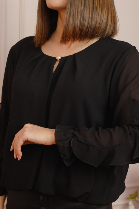 Bluza eleganta Julienne cu volanase si nasture stilizat - Negru [2]