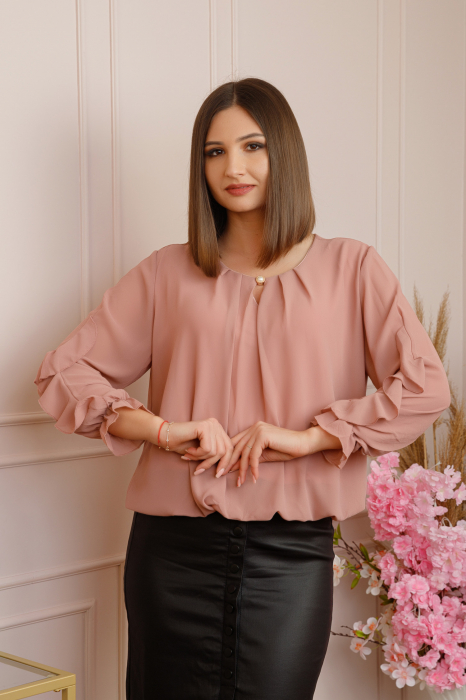 Bluza eleganta Julienne cu volanase si nasture stilizat - Roz pudrat [3]