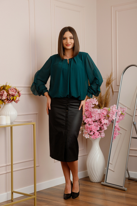 Bluza eleganta Julienne cu volanase si nasture stilizat - Verde [4]