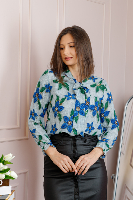 Bluza eleganta Nathalie cu funda la gat si imprimeu albastru si verde [3]