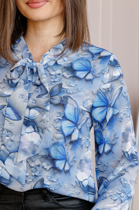 Bluza eleganta Nathalie cu funda la gat si imprimeu cu fluturi albastri [2]