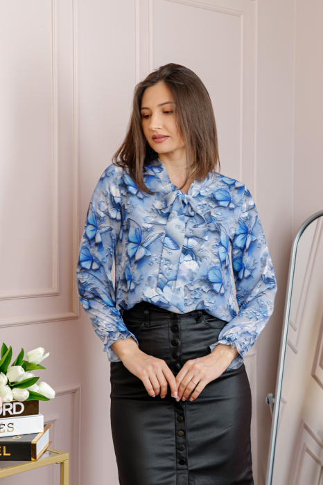 Bluza eleganta Nathalie cu funda la gat si imprimeu cu fluturi albastri [3]