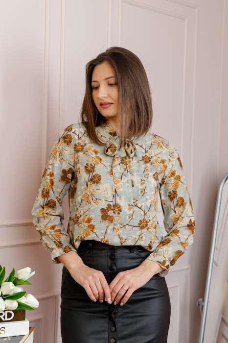 Bluza eleganta Nathalie cu funda la gat si imprimeu galben si crem [3]