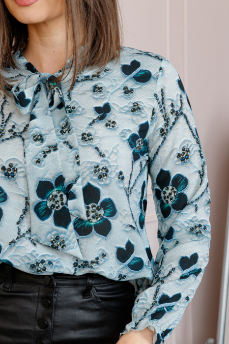 Bluza eleganta Nathalie cu funda la gat si imprimeu turcoaz si bleumarin [2]