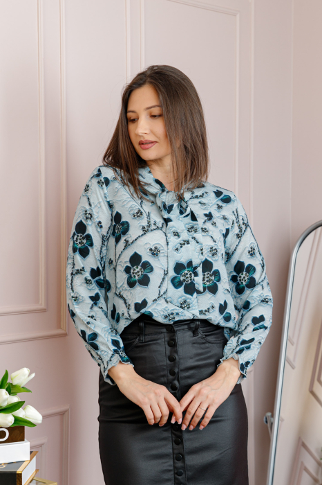 Bluza eleganta Nathalie cu funda la gat si imprimeu turcoaz si bleumarin [3]