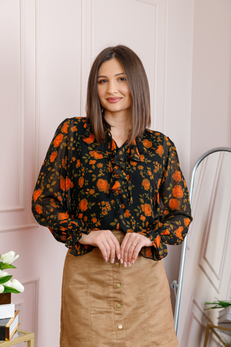 Bluza eleganta neagra Lucienne cu flori portocalii si jabou [3]