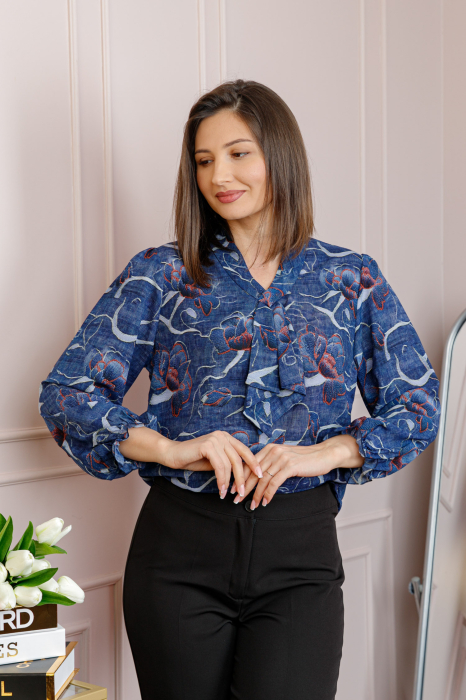 Bluza eleganta Sophie cu aplicatie tip cravata si imprimeu bleumarin si caramiziu [3]