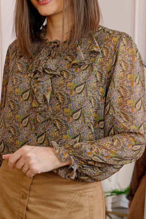 Bluza eleganta verde olive Lucienne cu imprimeu maro si jabou [2]