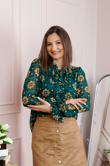 Bluza eleganta verde smarald Lucienne cu flori aurii si jabou [3]