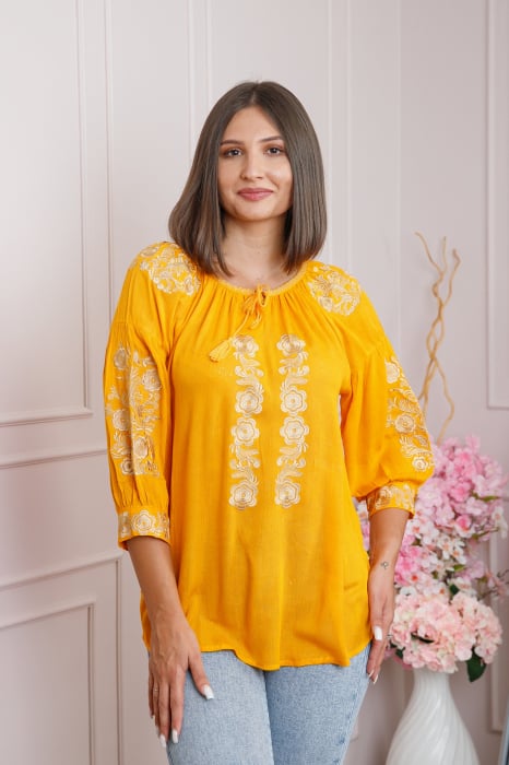 Bluza galbena cu motiv floral auriu Iasmina 07 - maneca scurta [3]