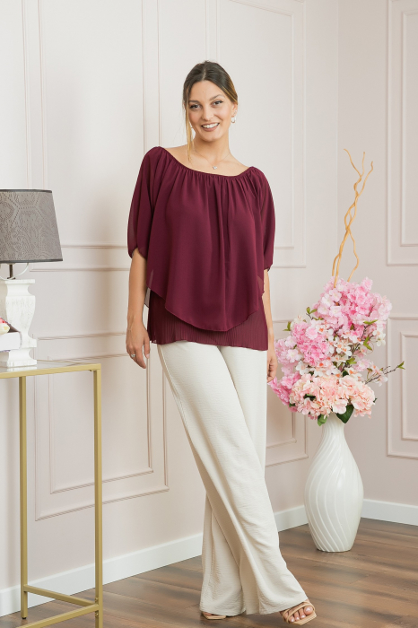 Bluza grena din voal cu maiou plisat [4]