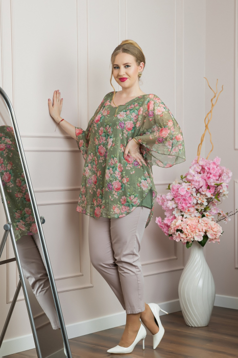 Bluza kaki din voal cu imprimeu floral si maneci fluture [4]