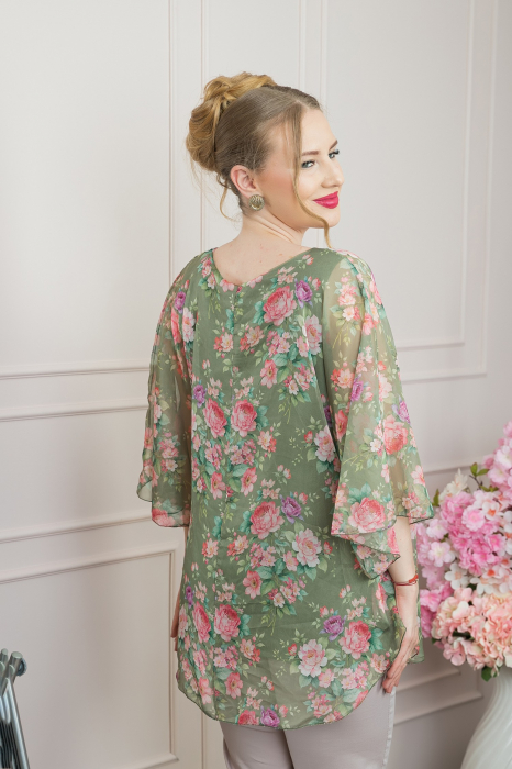 Bluza kaki din voal cu imprimeu floral si maneci fluture [3]