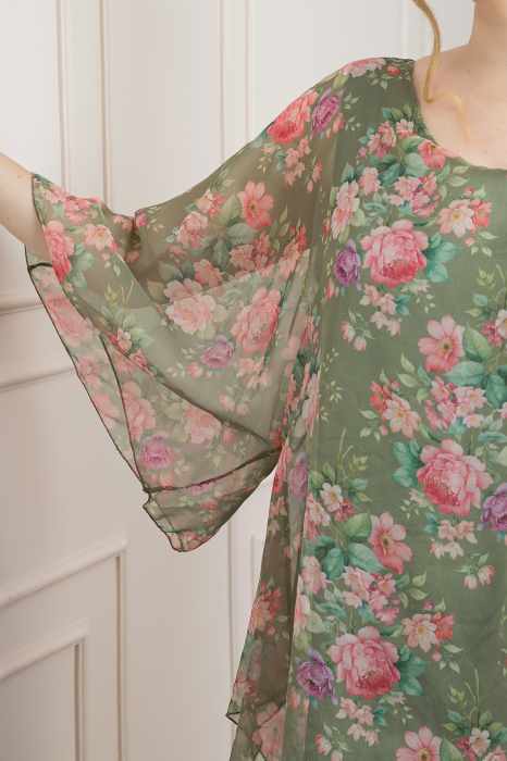 Bluza kaki din voal cu imprimeu floral si maneci fluture [2]