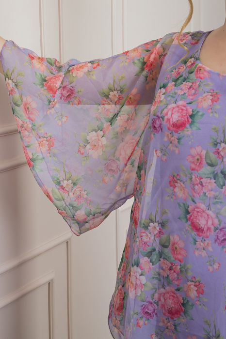 Bluza lila din voal cu imprimeu floral si maneci fluture [2]