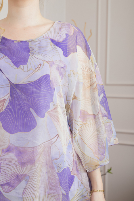 Bluza lila din voal cu maneci largi si imprimeu floral [2]