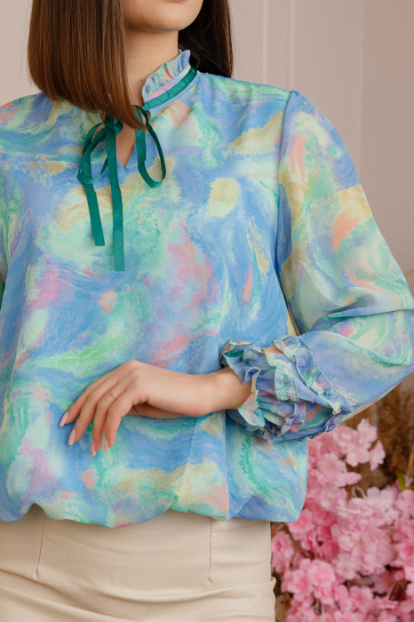 Bluza Madeline din voal cu maneci bufante - Albastru [2]