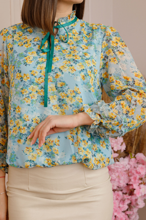 Bluza Madeline din voal cu maneci bufante - Bleu [2]