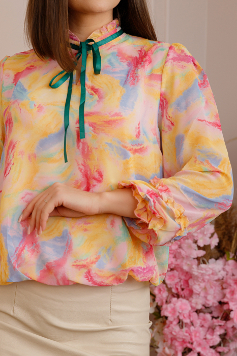Bluza Madeline din voal cu maneci bufante - Galben pastel [2]
