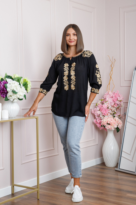 Bluza neagra cu motiv floral auriu Iasmina 08 [4]