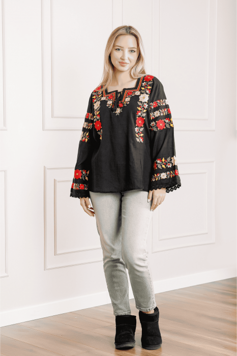 Bluza neagra cu motiv floral multicolor Rania [4]