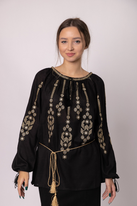 Bluza neagra cu motiv geometric auriu Iosefina 02 - maneca lunga