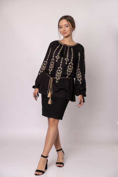 Bluza neagra cu motiv geometric auriu Iosefina 02 - maneca lunga [4]