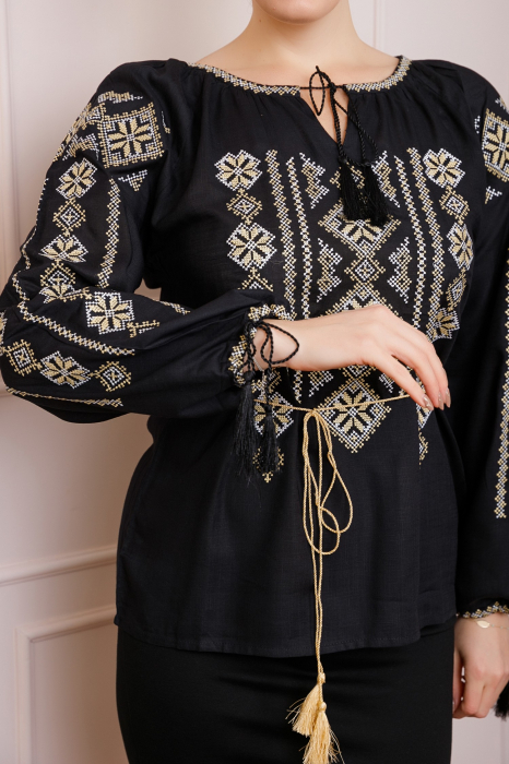 Bluza neagra cu motiv geometric auriu Gloria 03 - maneca lunga [2]