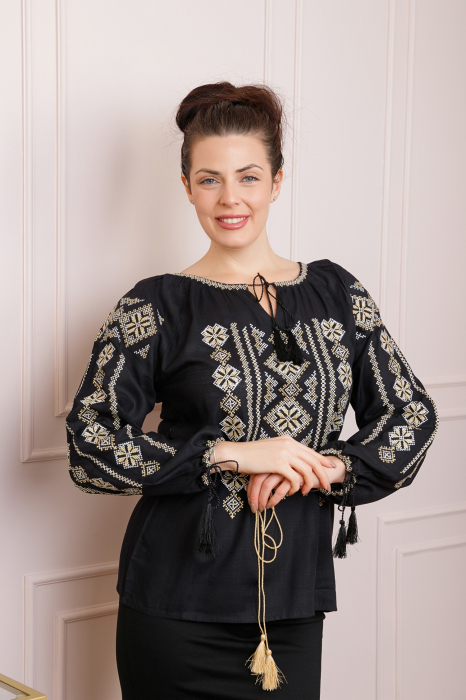 Bluza neagra cu motiv geometric auriu Gloria 03 - maneca lunga [3]