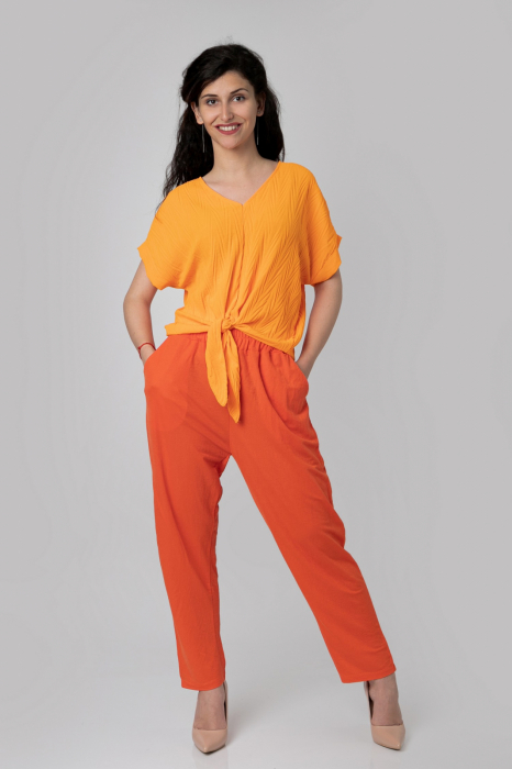 Bluza orange casual cu aspect texturat si nod in talie [4]