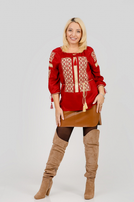 Bluza rosie cu motiv floral auriu Doris 01 [4]
