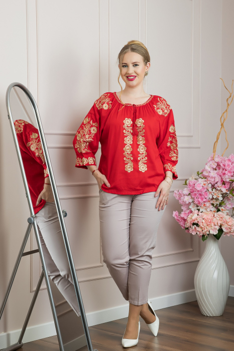 Bluza rosie cu motiv floral auriu Iasmina 02 [4]