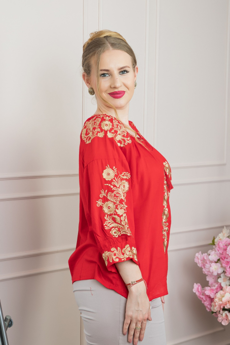 Bluza rosie cu motiv floral auriu Iasmina 02 [3]