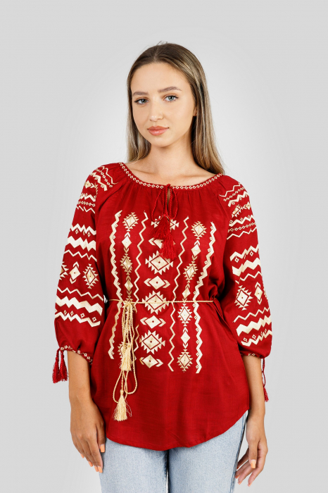 Bluza rosie cu motiv geometric auriu Carmina 01