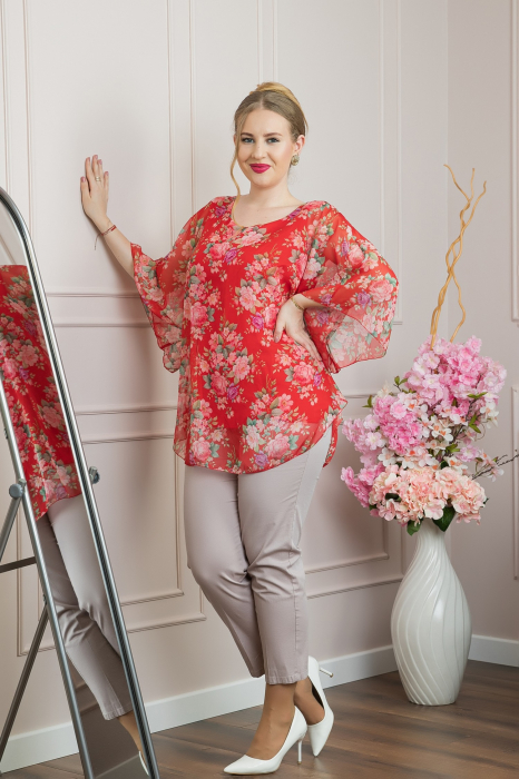 Bluza rosie din voal cu imprimeu floral si maneci fluture [4]