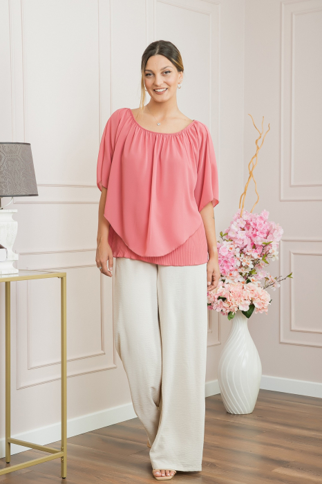 Bluza roz piersica din voal cu maiou plisat [4]