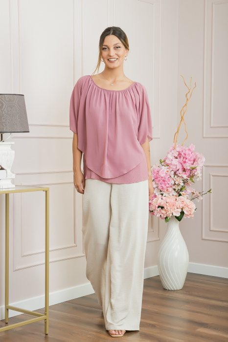 Bluza roz pudrat din voal cu maiou plisat [4]