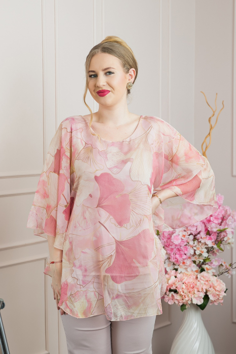 Bluza roz pudrat din voal cu maneci largi si imprimeu floral [3]