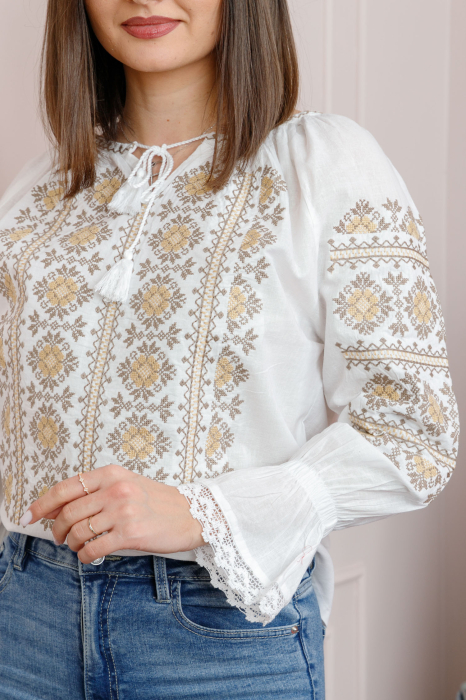 Bluza tip ie alba cu motiv floral crem Nicoleta [2]