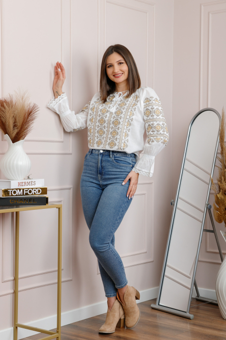 Bluza tip ie alba cu motiv floral crem Nicoleta [4]