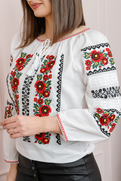 Bluza tip ie alba cu motiv floral rosu Alexandra 02 [2]