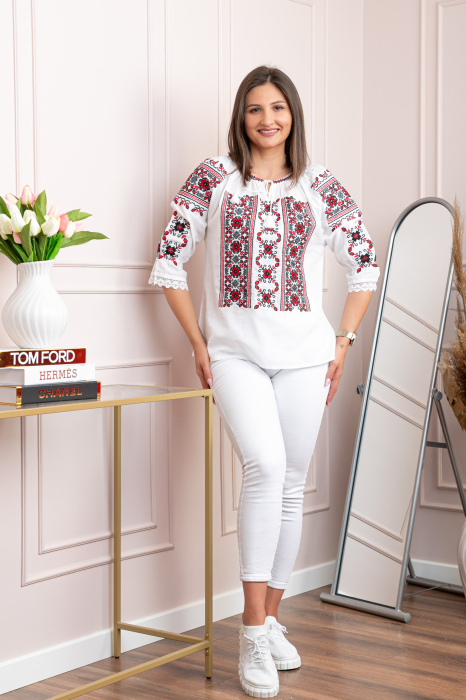 Bluza tip ie alba cu motiv floral rosu Liana 08 [4]