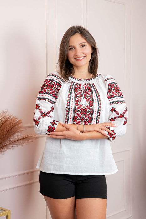 Bluza tip ie alba cu motiv floral rosu Petronela 07 [3]