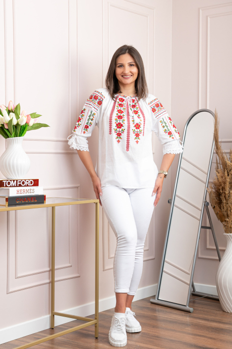 Bluza tip ie alba cu motiv floral rosu Pompilia [4]